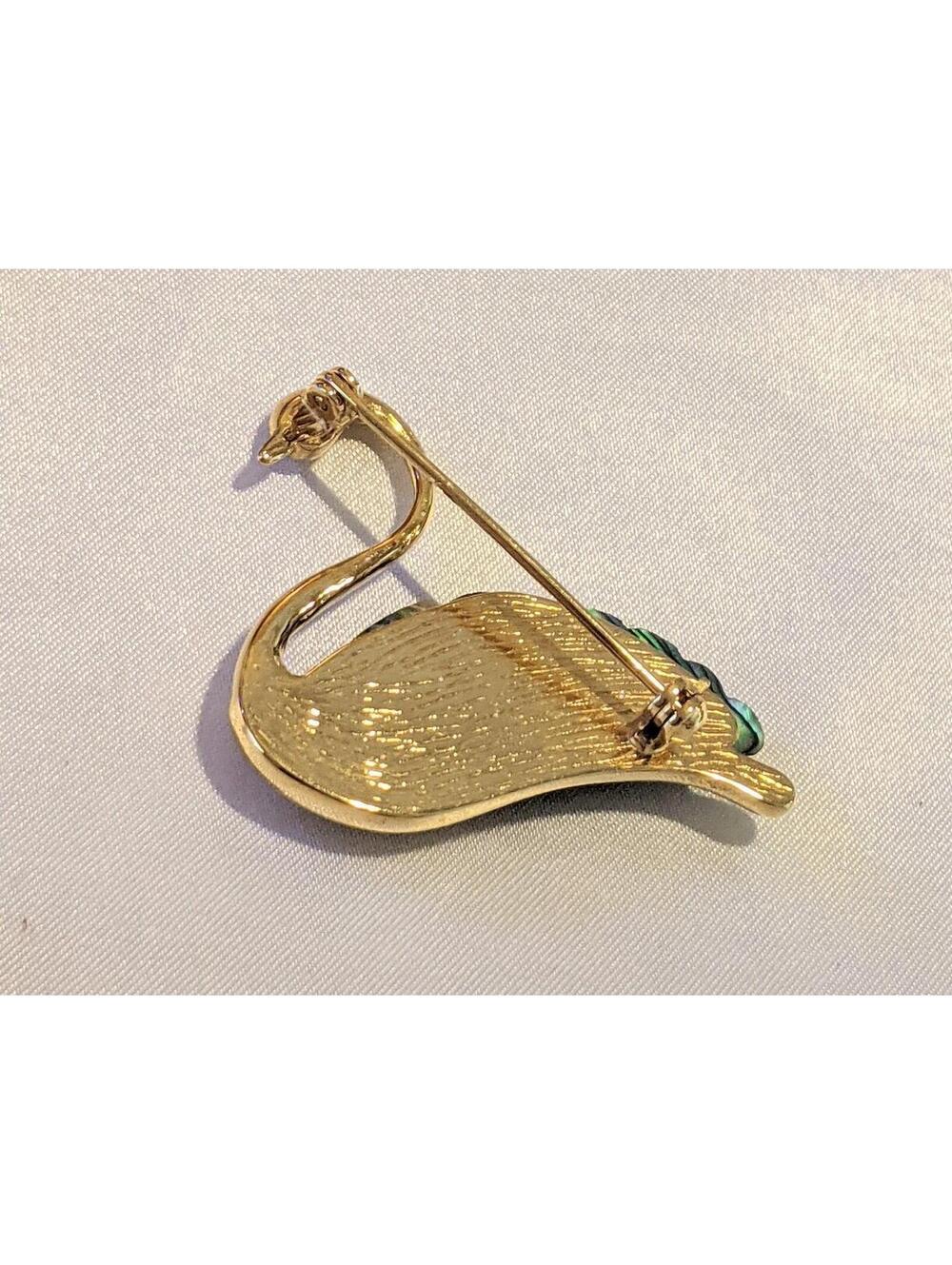 Vintage Gold Tone SWAN Shaped Pin Brooch w/ Inset Abalone Lucite Rainbow Swirls - Picture 5 of 9